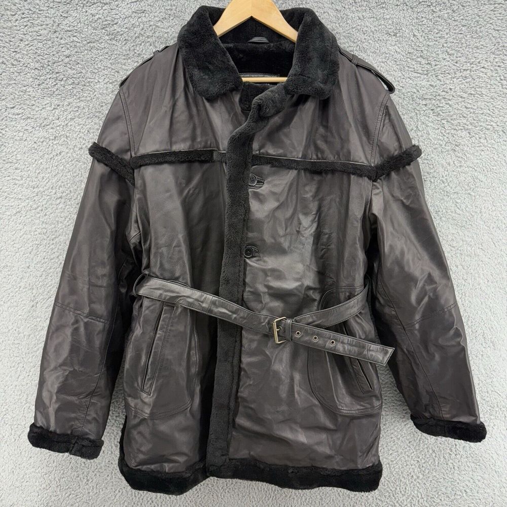 GENUINE REAL LEATHER RL Black Faux Fur Lined 3 Button Belted Jacket Womens 3XL